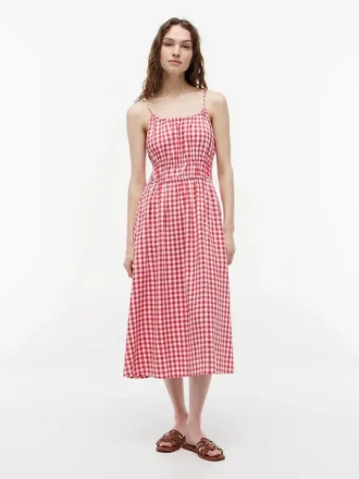 Rochie midi din amestec de in cu volane, cu imprimeu gingham