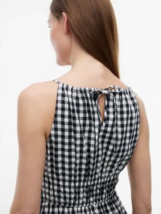 Rochie midi din amestec de in cu volane, cu imprimeu gingham