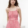 Rochie midi din amestec de in cu volane, cu imprimeu gingham