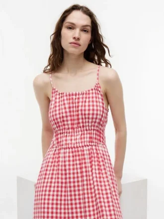 Rochie midi din amestec de in cu volane, cu imprimeu gingham