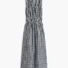 Rochie midi din amestec de in cu volane, cu imprimeu gingham
