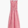 Rochie midi din amestec de in cu volane, cu imprimeu gingham