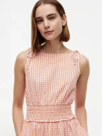 Rochie midi din seersucker cu carouri și drapaj