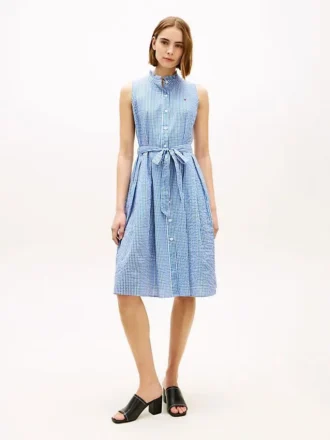 Rochie midi din seersucker cu imprimeu gingham și curele