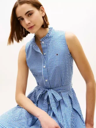 Rochie midi din seersucker cu imprimeu gingham și curele