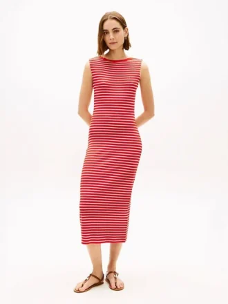 Rochie midi slim fit cu dungi și gât barcă
