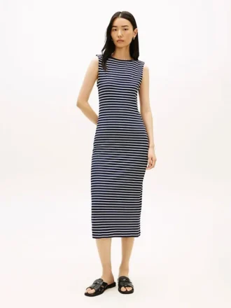 Rochie midi slim fit cu dungi și gât barcă