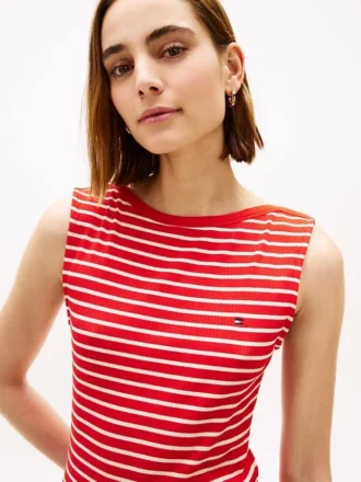Rochie midi slim fit cu dungi și gât barcă