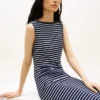Rochie midi slim fit cu dungi și gât barcă Rochie midi slim fit cu dungi și gât barcă