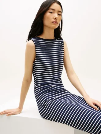 Rochie midi slim fit cu dungi și gât barcă