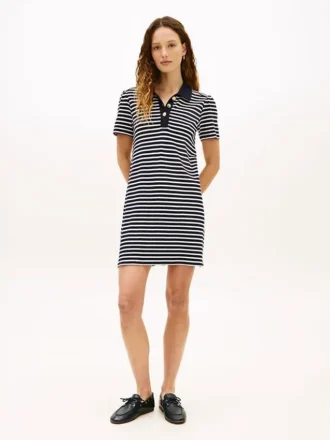 Rochie polo din bumbac interlock cu dungi și nasturi aurii