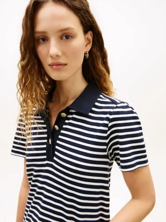 Rochie polo din bumbac interlock cu dungi și nasturi aurii