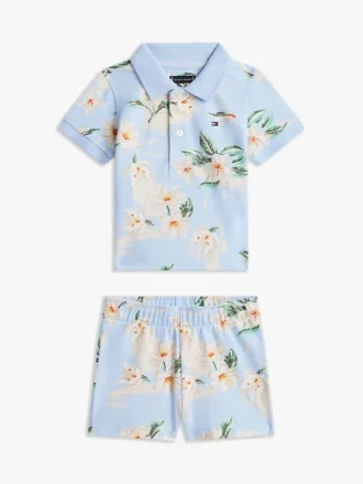 Set polo și pantaloni scurți cu imprimeu floral pentru bebeluși