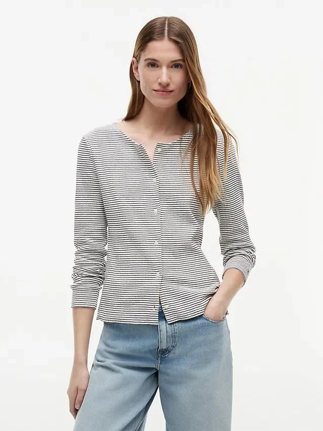 Tricou cardigan cu dungi și model pointelle Tricou cardigan cu dungi și model pointelle
