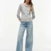 Tricou cardigan cu dungi și model pointelle Tricou cardigan cu dungi și model pointelle