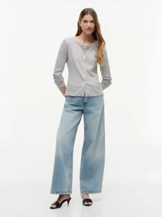 Tricou cardigan cu dungi și model pointelle