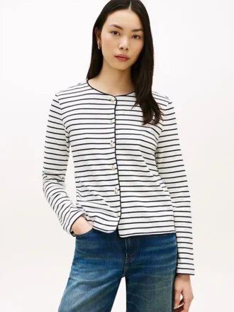 Tricou cardigan din bumbac interlock cu dungi