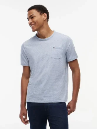Tricou cu buzunar din amestec de in, cu dungi