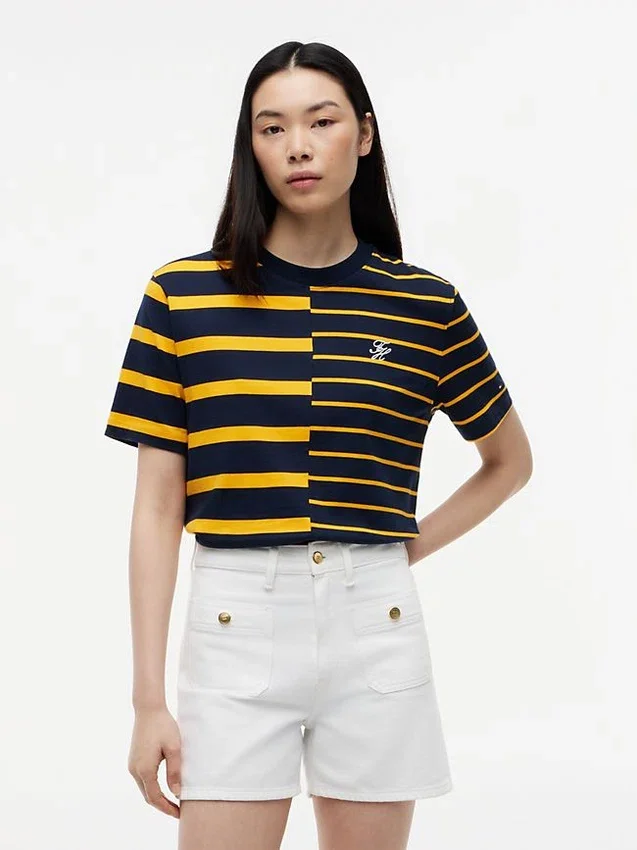 Tricou cu croială lejeră și dungi mixte Tricou cu croială lejeră și dungi mixte