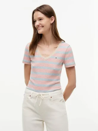 Tricou cu guler în V și dungi