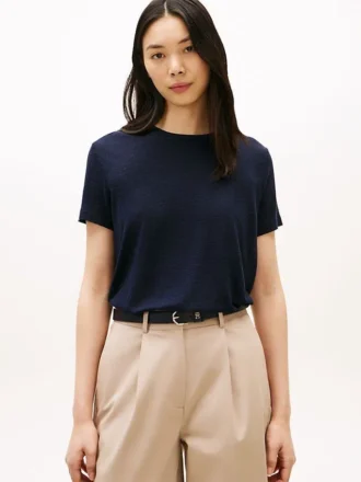 Tricou cu guler rotund din amestec de in