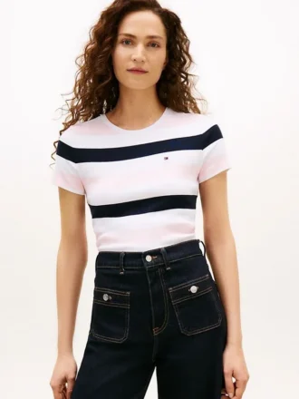 Tricou cu guler rotund și dungi de rugby Tricou cu guler rotund și dungi de rugby