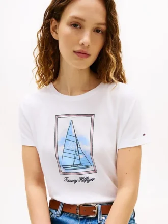 Tricou cu imprimeu cu barcă cu pânze