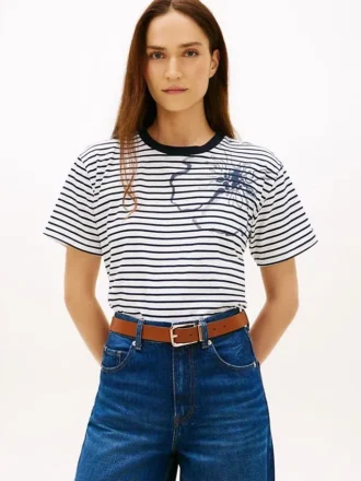 Tricou cu imprimeu floral abstract și dungi
