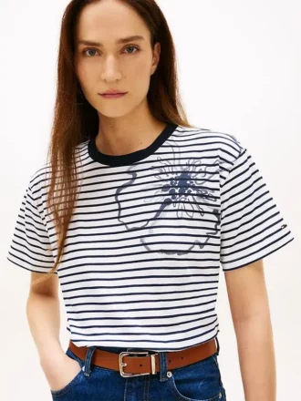 Tricou cu imprimeu floral abstract și dungi