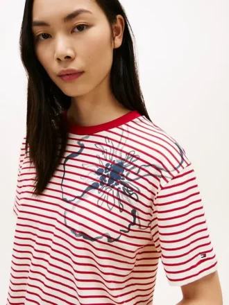 Tricou cu imprimeu floral abstract și dungi