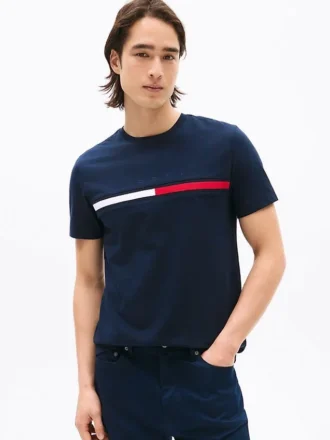 Tricou cu logo brodat cu dungi și steag