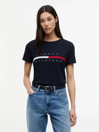 Tricou cu logo brodat cu dungi și steag