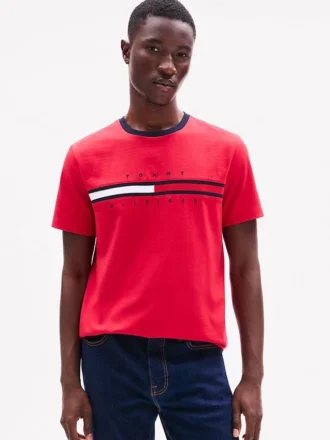 Tricou cu logo brodat cu dungi și steag