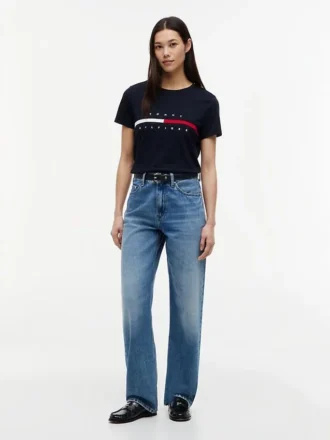 Tricou cu logo brodat cu dungi și steag