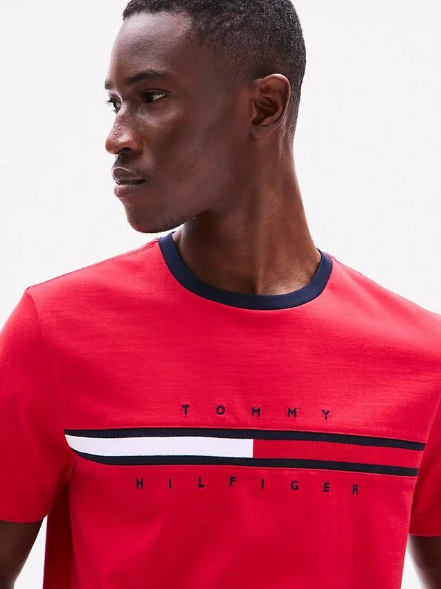 Tricou cu logo brodat cu dungi și steag Tricou cu logo brodat cu dungi și steag