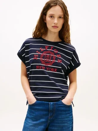 Tricou cu mâneci dolman și logo arc, cu dungi