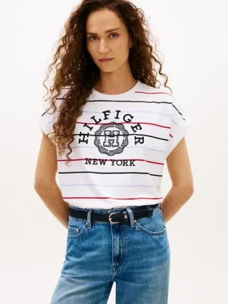 Tricou cu mâneci dolman și logo arc, cu dungi