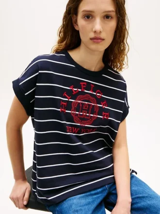 Tricou cu mâneci dolman și logo arc, cu dungi