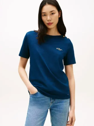 Tricou din bumbac interlock cu nasturi aurii