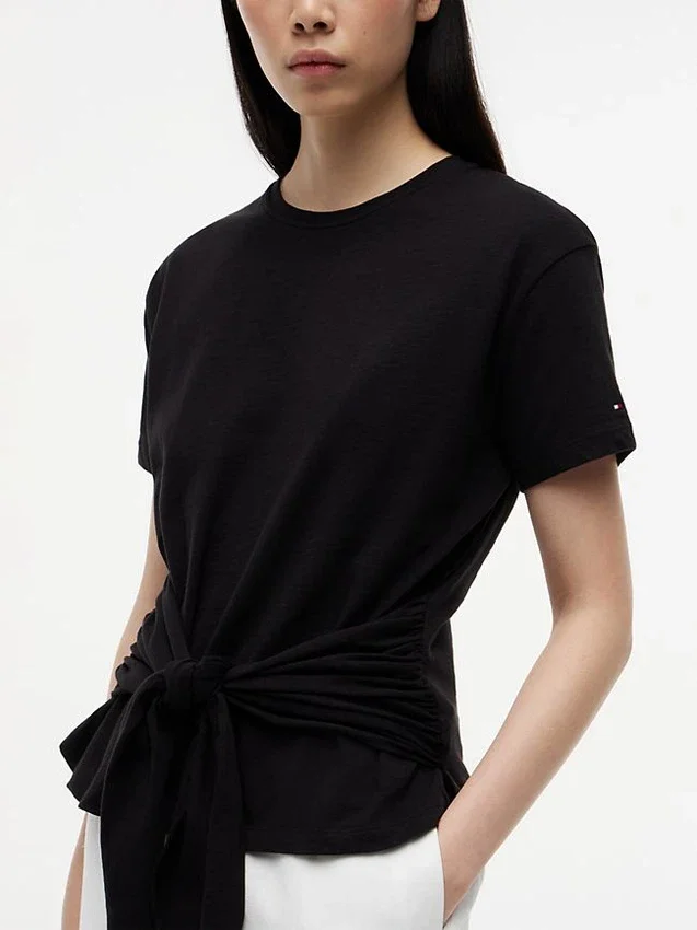 Tricou din bumbac slub cu nod în față Tricou din bumbac slub cu nod în față