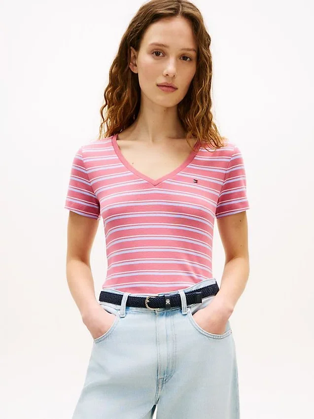 Tricou Favorite cu guler în V și dungi Tricou Favorite cu guler în V și dungi