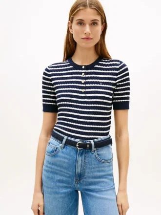 Tricou Henley cu mâneci scurte și model tricotat în zig-zag