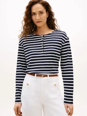Tricou Henley din bumbac interlock cu croială lejeră