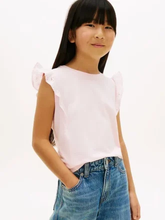 Tricou pentru copii cu broderie și mâneci fluturate