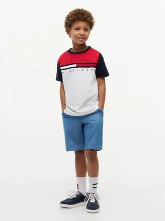 Tricou pentru copii cu dungi colorate și steag