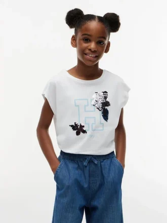 Tricou pentru copii Flip cu logo floral din paiete