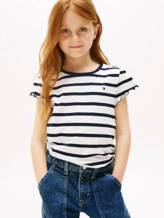 Tricou pentru fete cu dungi și mâneci cu volane