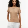 Tricou slim fit cu guler rotund și țesătură pointelle Tricou slim fit cu guler rotund și țesătură pointelle