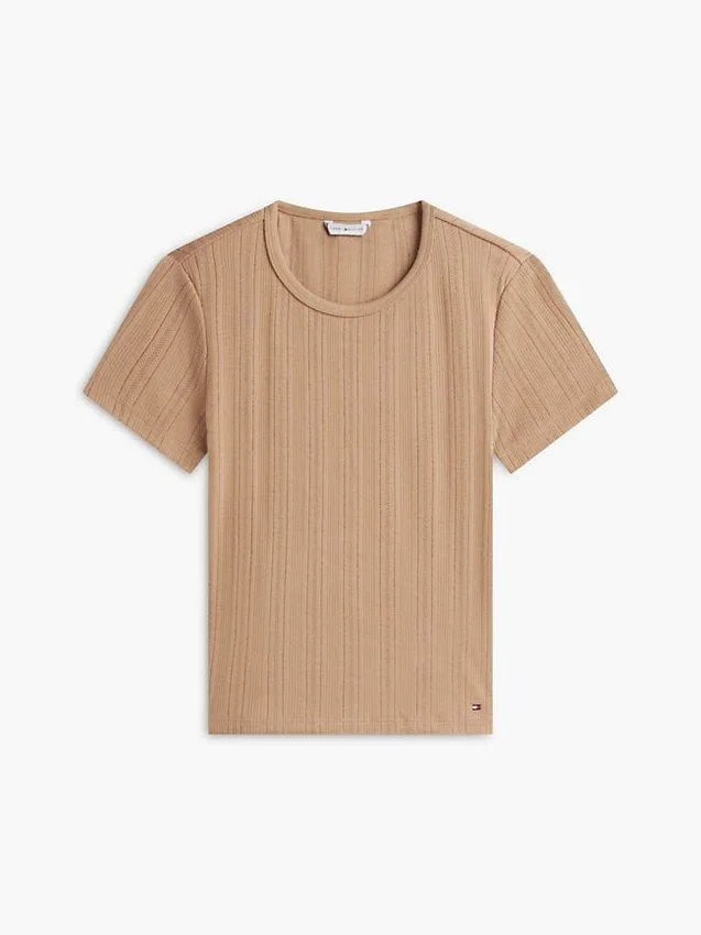 Tricou slim fit cu guler rotund și țesătură pointelle Tricou slim fit cu guler rotund și țesătură pointelle