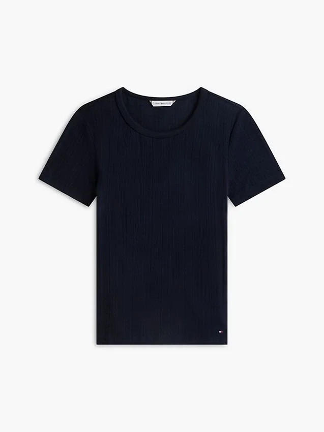 Tricou slim fit cu guler rotund și țesătură pointelle Tricou slim fit cu guler rotund și țesătură pointelle